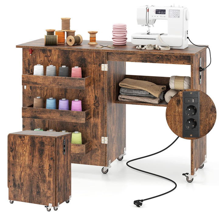 RELAX4LIFE 2 in 1 Nähtisch, Nähmaschinenschrank klappbar mit Ladestation, Nähschrank aus Holz mit Re