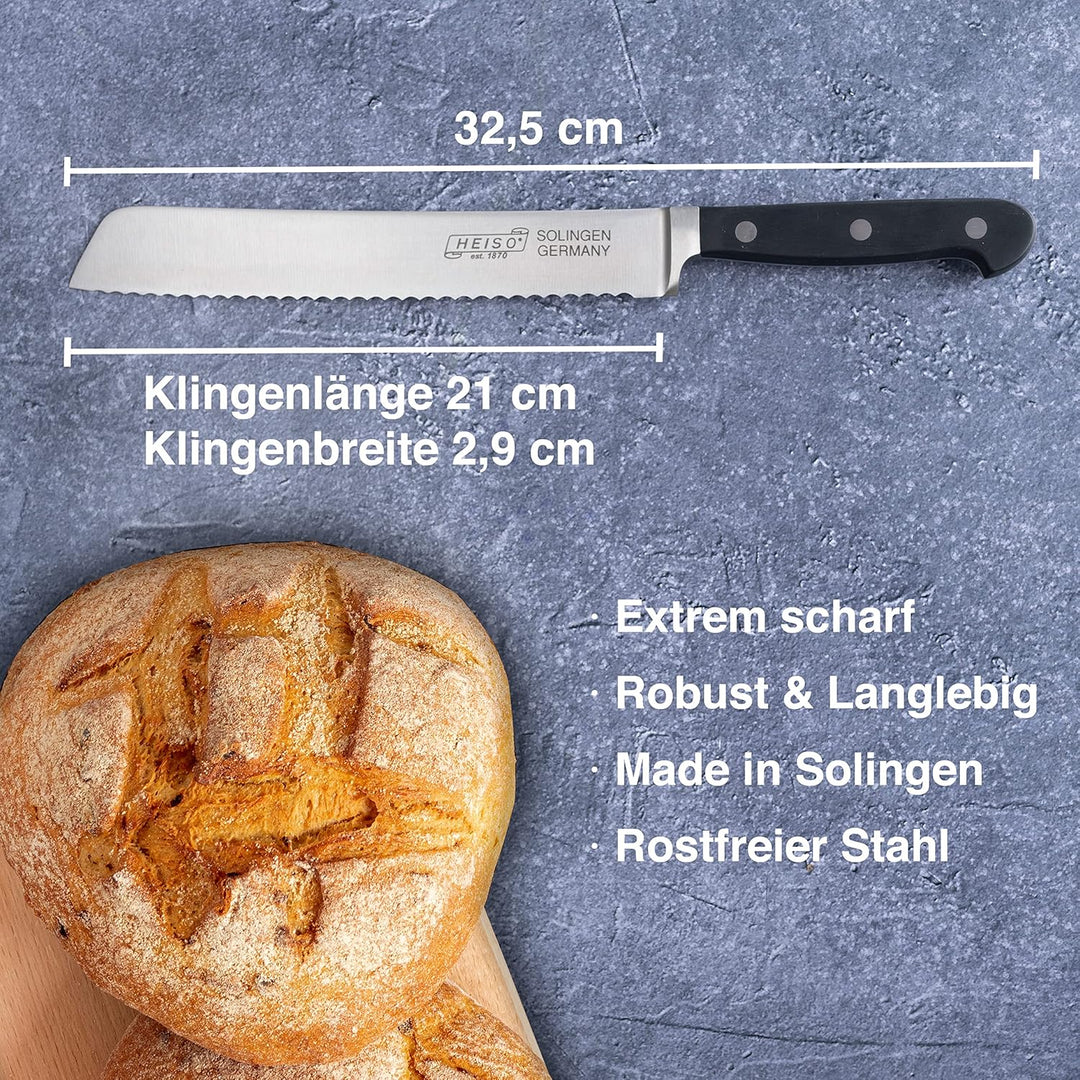 HEISO - Brotmesser - PREMIUM SERIE - rostfreie 21cm Klinge - Brot Messer "Made in Solingen" - Brotme