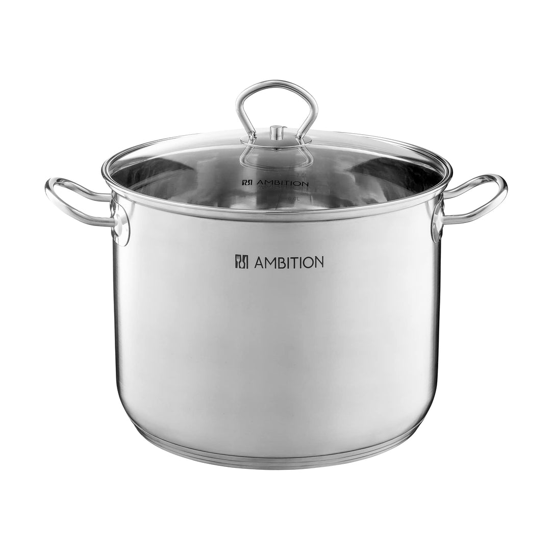 AMBITION Grosser Topf mit Deckel 6,8 l Acero Edelstahl Hochtopf alle Herdarten Induktion Spülmaschin