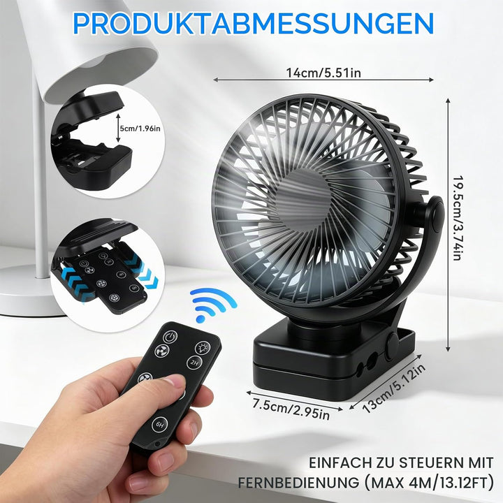 Camping Ventilator, 12000 MAh Mini USB Ventilator, 360° Drehung Tischventilator, 3 Geschwindigkeiten