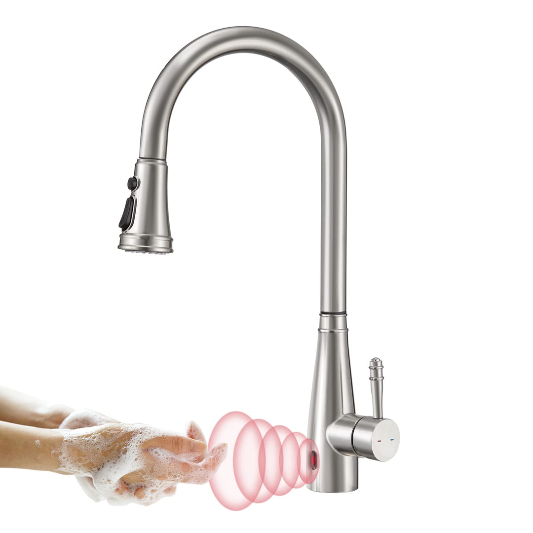 Touchless Sensor Wasserhahn Küche, YUANNY Küchenarmatur mit Ausziehbar Brause, 360° Drehbar Edelstah
