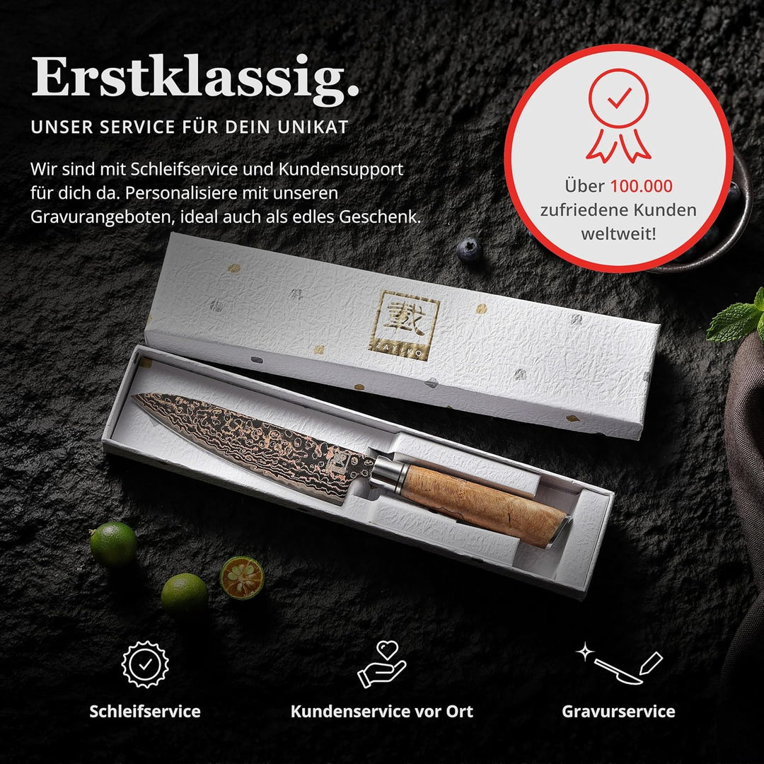 zayiko BlackMagma Damastmesser I 14 cm Klinge aus Damaststahl mit Kupfer &amp; Bronze sowie Ahornholzgri
