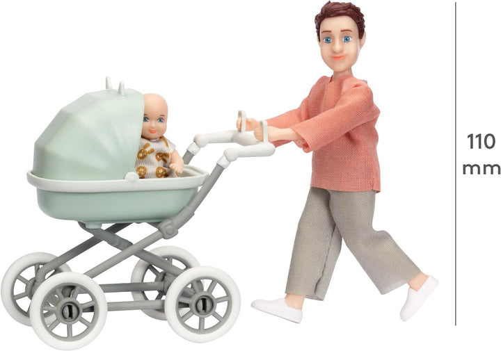 Lundby Puppenhaus Puppen - Puppe Puppenhaus Papa mit Biegepuppe Baby und Miniatur Kinderwagen - Pupp
