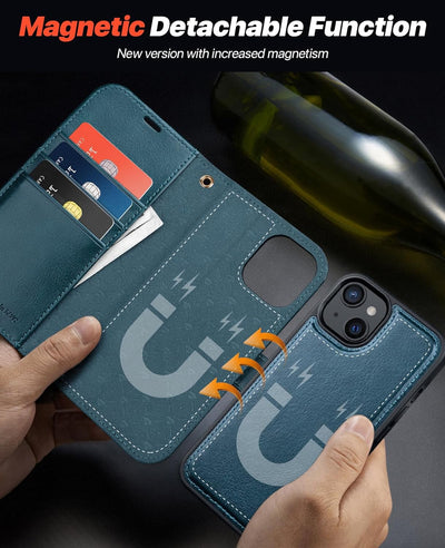 OCASE iPhone 15 Hülle(2in1) Leder Stossfestes Case [Abnehmbare magnetische Hülle] [Kabelloses Laden]