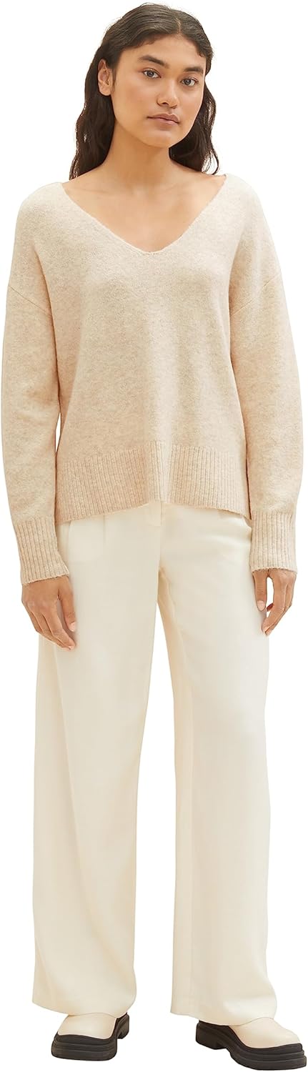 TOM TAILOR Denim Damen Basic Pullover mit V-Ausschnitt S 33803 - Dusty Sand Beige Melange, S 33803 -