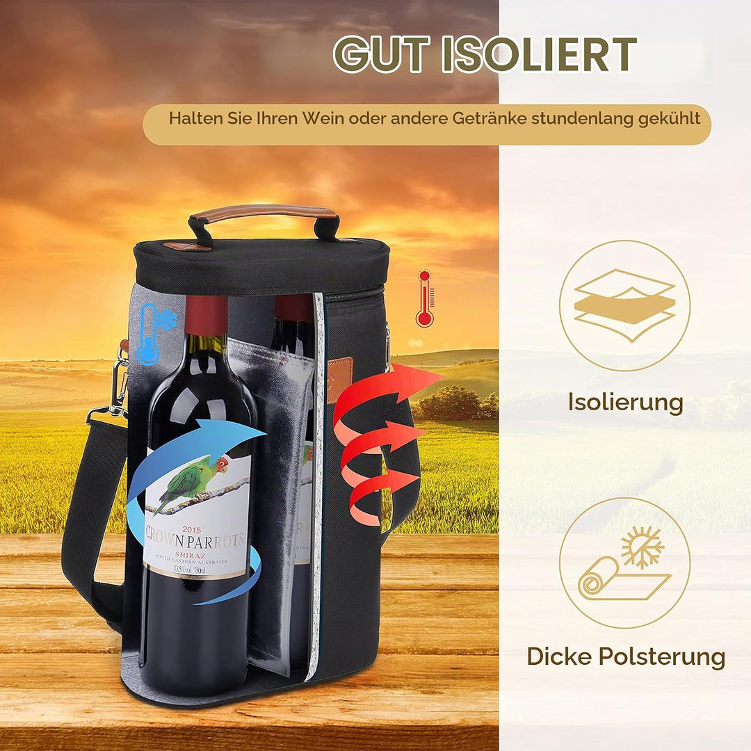 Kato Tirrinia Eisbeutel für 2 Flaschen, isolierter Weinbeutel, tragbarer Wein-Eisbeutel mit Gurt für