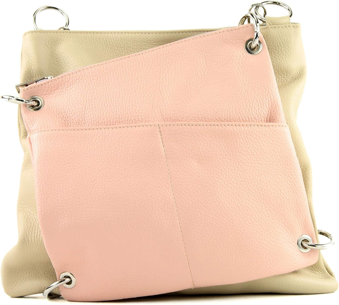 modamoda de - T140 - ital Messengertasche Umhängetasche 2in1 Leder Cremebeige/Rosa, Cremebeige/Rosa