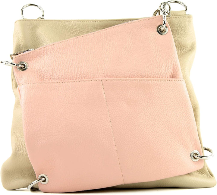 modamoda de - T140 - ital Messengertasche Umhängetasche 2in1 Leder Cremebeige/Rosa, Cremebeige/Rosa
