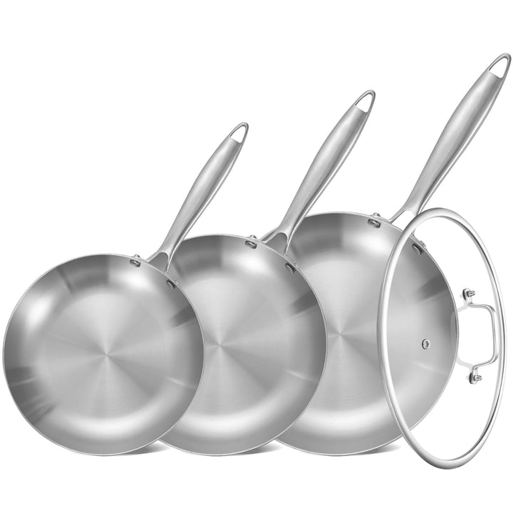 Inqibee Edelstahlpfanne Bratpfannenset Unbeschichtet 20 24 28 cm mit Deckel - Pfannenset Edelstahl,