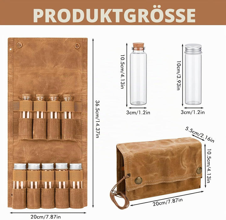LEKEFETO Tragbare Gewürztasche aus Segeltuch mit 9 Gewürzgläsern, Camping Gewürzset für Outdoor, BBQ