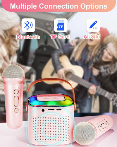 Karaoke Maschine Kinder Geschenk Mädchen, Tragbarer Mini Bluetooth Karaoke Lautsprecher mit 2 kabell