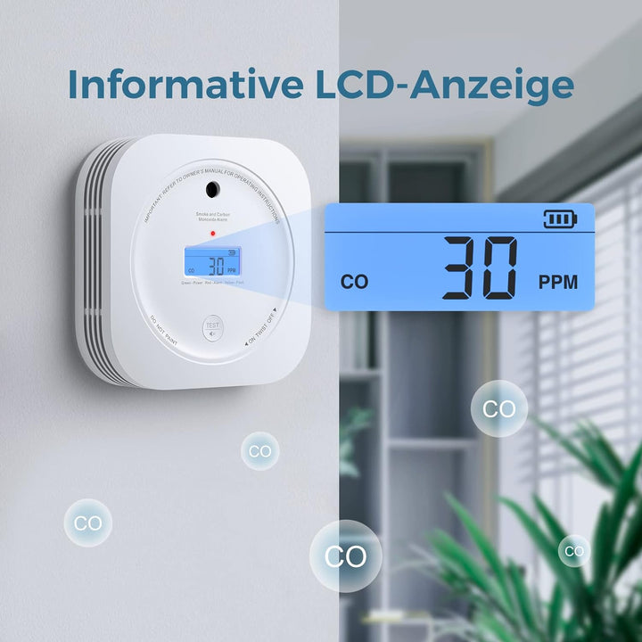 Rauch-CO Melder AEGISLINK Rauch-und Kohlenmonoxid-Melder, mit LCD Anzeige, Prüftaste und Austauschba