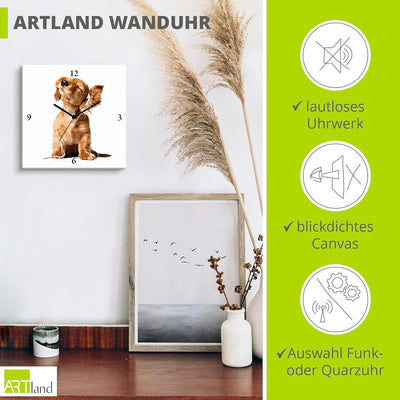 ARTLAND Wanduhr ohne Tickgeräusche Leinwand Quarzuhr 30x30 cm Quadratisch Lautlos Tiere Hund Welpe M