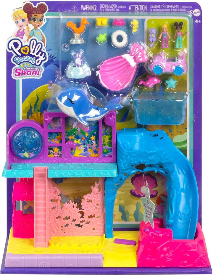 Polly Pocket Pollyville Aquarium mit Shani, Spielset mit 2 Puppen, Spielzeugauto und 11 Zubehörteile