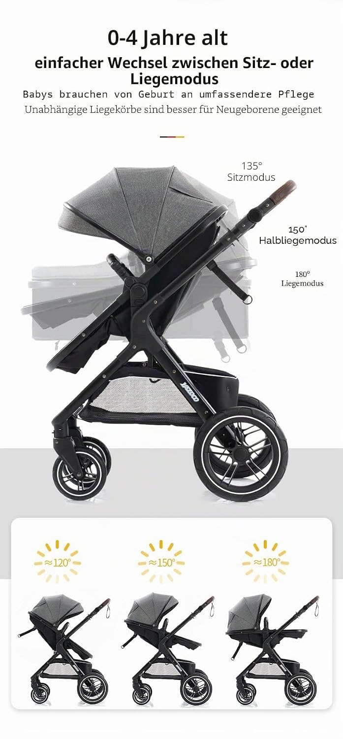 YAZOCO kinderwagen 3 in 1 Buggy Babybett Komplett Set Einem Klick Zusammenklappbarer Kinderwagen, Ko