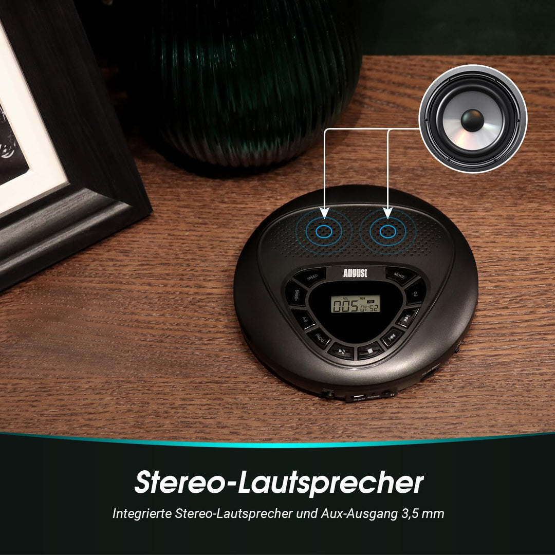 Tragbarer wiederaufladbarer CD Player -August SE10- Discman Walkman mit Lautsprecher Anti-Shock Anti