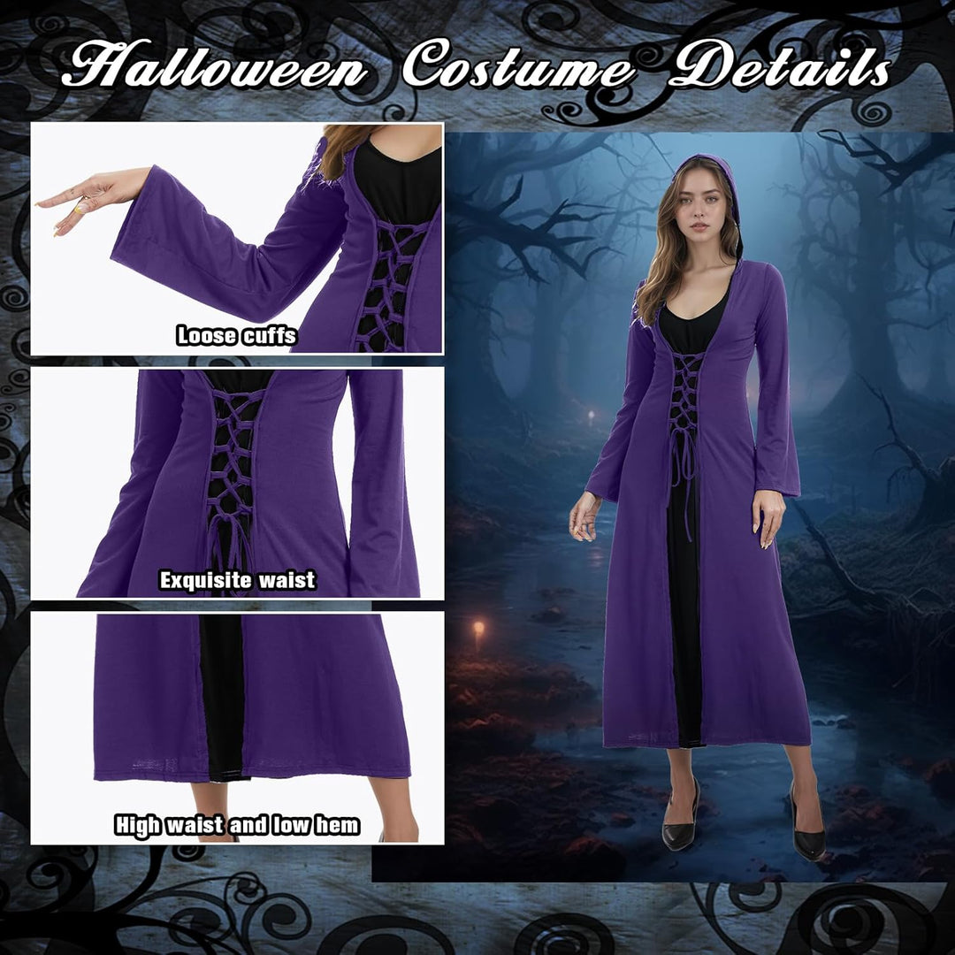 FSUJWOA Frauen Halloween Kostüme für Erwachsene mittelalterlich Kapuze Maxi Kleid für Frauen Mode Ro