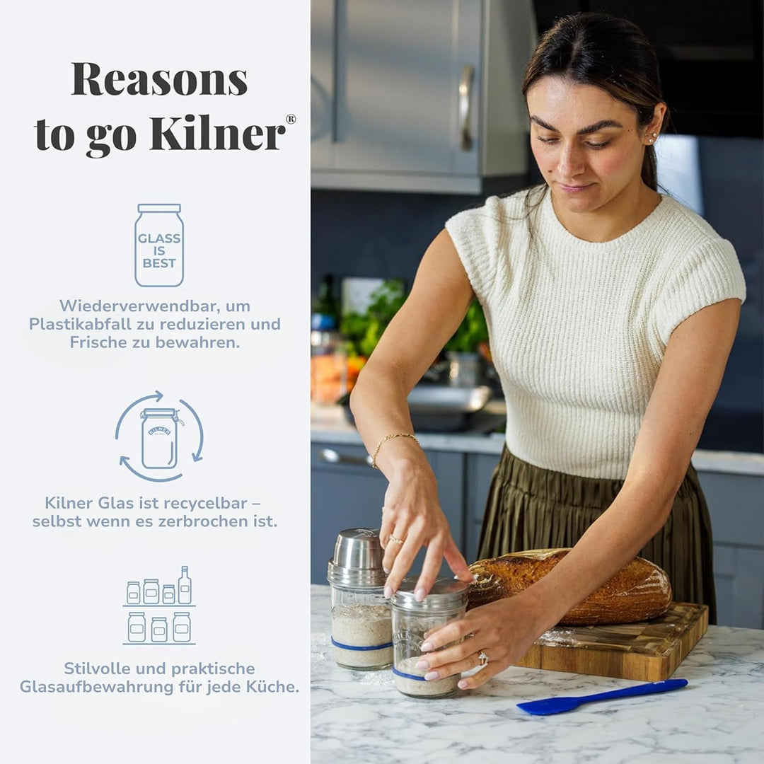 Kilner Sauerteig Starter Set 5-teilig / 350 ml / Glas mit Messbecher-Deckel, Weithals-Glas, Gummirin