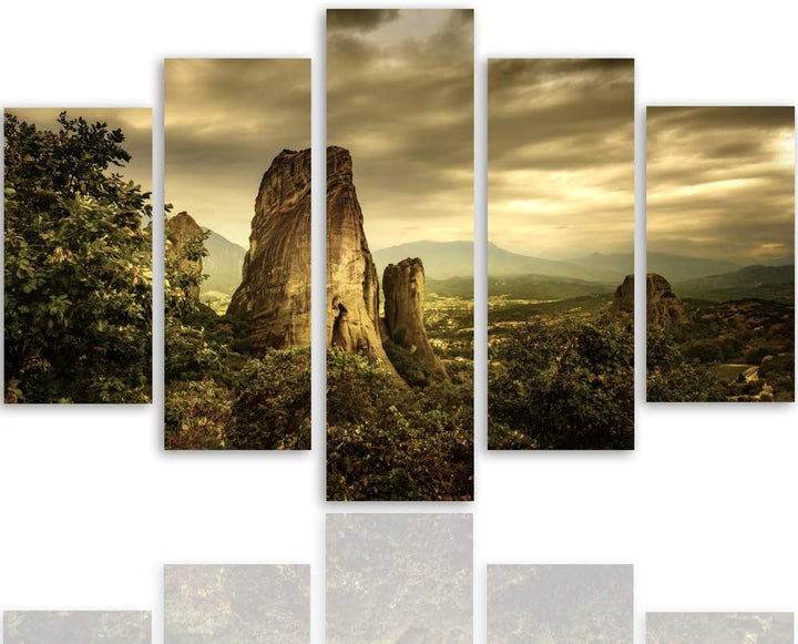 Feeby Leinwandbild 5 Teilig Landschaft Bild Wanddeko Berge Bäume Himmel bunt 150x100 cm Leinwandbild