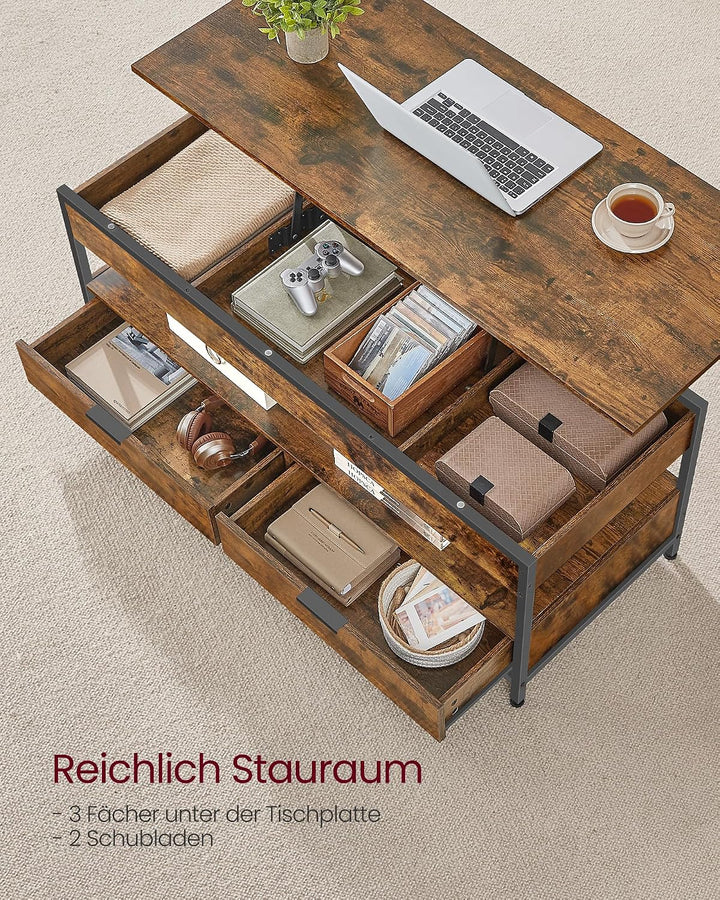 VASAGLE Couchtisch, höhenverstellbarer Wohnzimmertisch, Kaffeetisch, mit Schubladen, offenes Fach, 5
