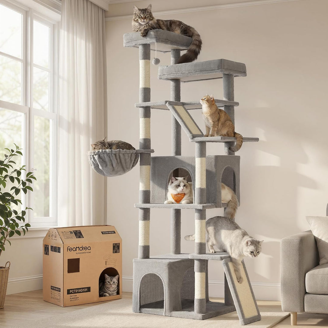 Feandrea Kratzbaum gross, 184,5 cm hoch, Katzenbaum, Katzenkratzbaum, mit 7 Kratzsäulen, 2 Kratzbret