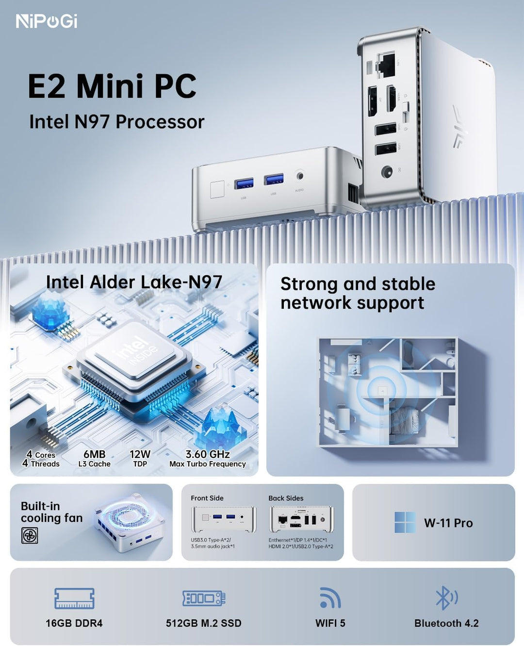 NiPoGi GK3 PRO Mini PC W11 Pro, Intel Celeron N5105 (bis zu 2,9 GHz), 16GB DDR4 512GB M.2 SSD Mini D