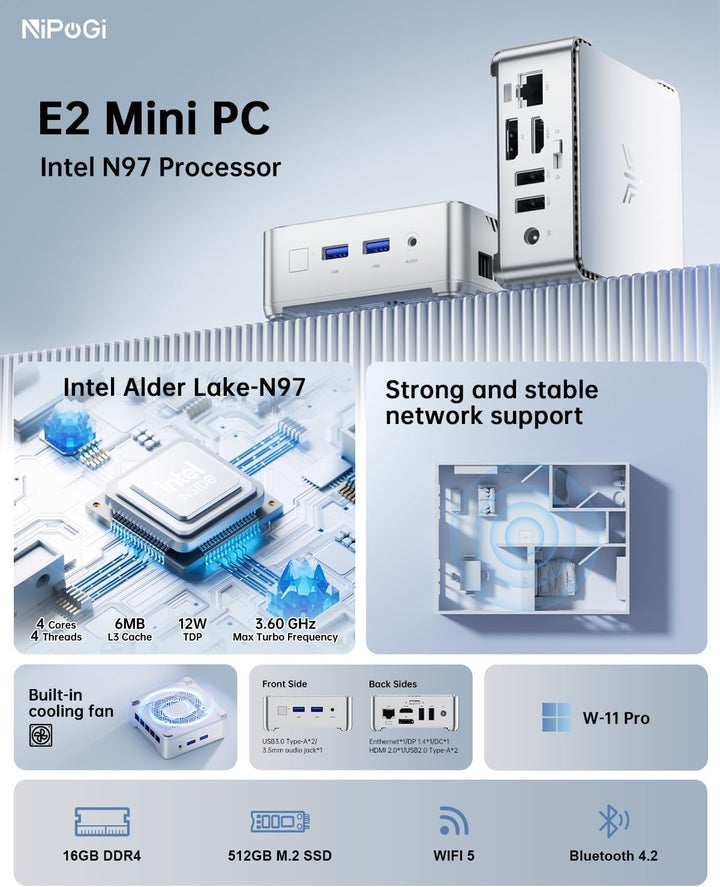 NiPoGi GK3 PRO Mini PC W11 Pro, Intel Celeron N5105 (bis zu 2,9 GHz), 16GB DDR4 512GB M.2 SSD Mini D