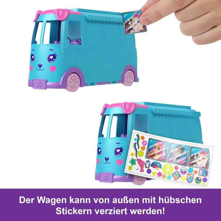 Polly Pocket-Mikropuppen und umwandelbarer Camper, mit Accessoires wie Haustieren und Spielzeugauto,
