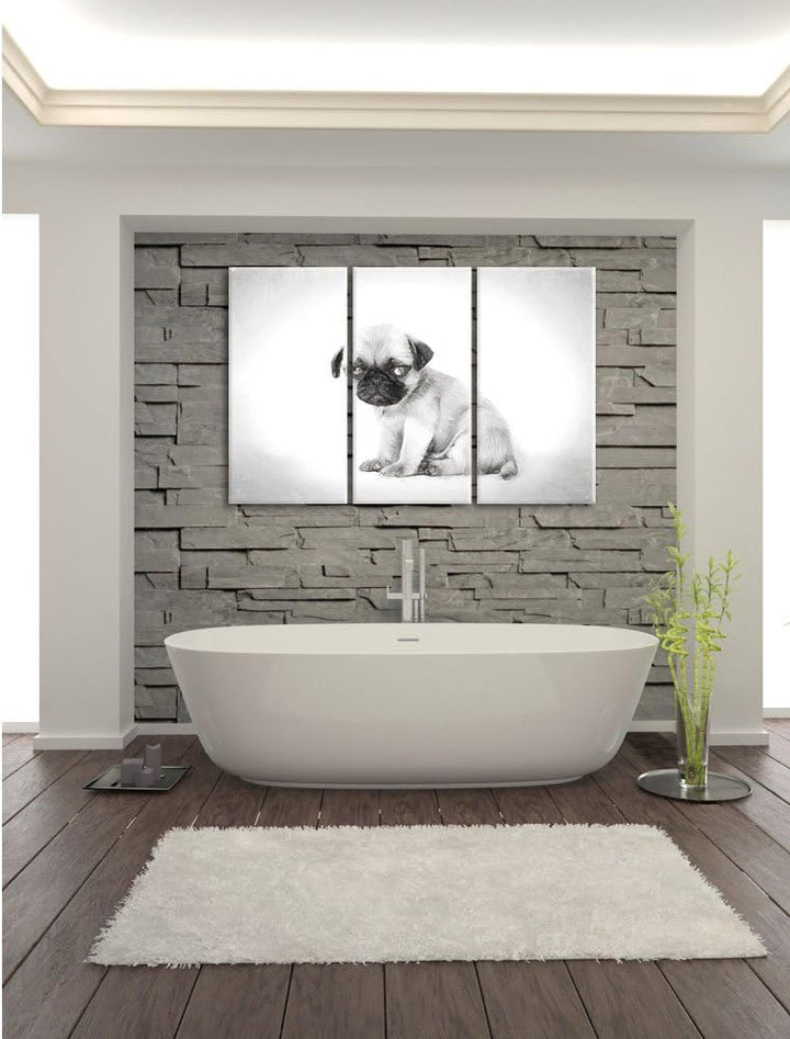 Pixxprint Kleiner Hundewelpe Mops als Leinwandbild/Grösse: 3 Teilig (120x80) cm/Wandbild/Kunstdruck/