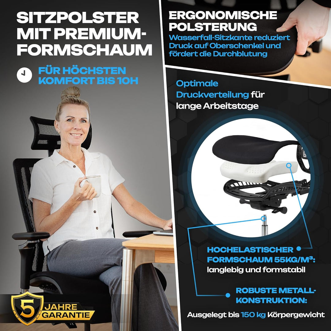 VALKENSTOL M8 Bürostuhl Ergonomisch Testsieger für Grosse Menschen, Breite Sitzfläche Schreibtischst