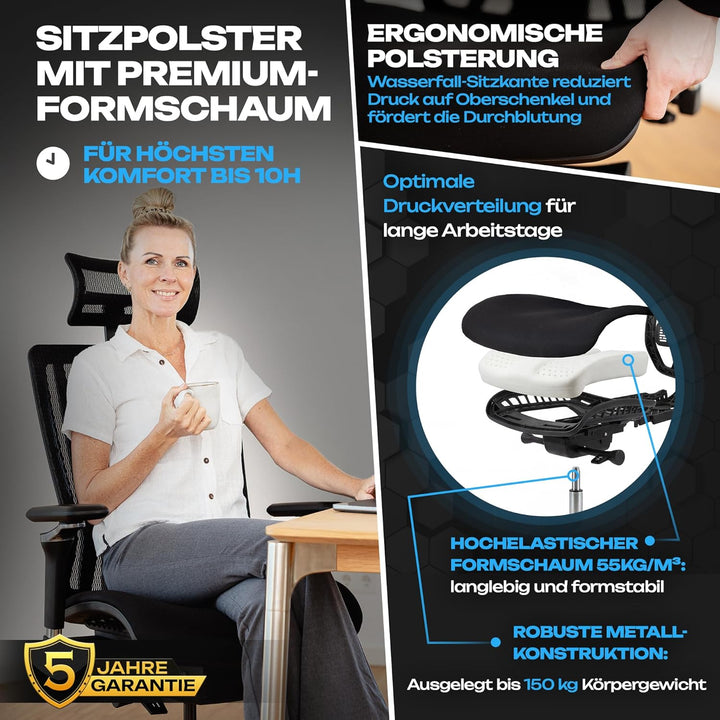 VALKENSTOL M8 Bürostuhl Ergonomisch Testsieger für Grosse Menschen, Breite Sitzfläche Schreibtischst