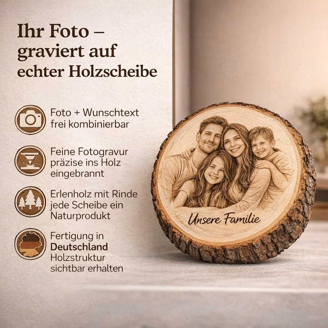 Personalisierte Holzscheibe mit Foto und Wunschtext - 20-23 cm - gravierte Baumscheibe aus Erlenholz