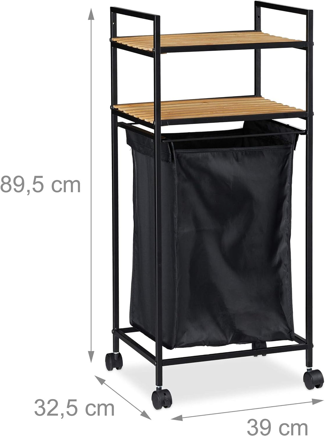 Relaxdays Rollregal Bad, 2 Ablagen, Badregal mit Wäschekorb, Metall, Bambus, HBT: 89,5 x 39 x 32,5 c