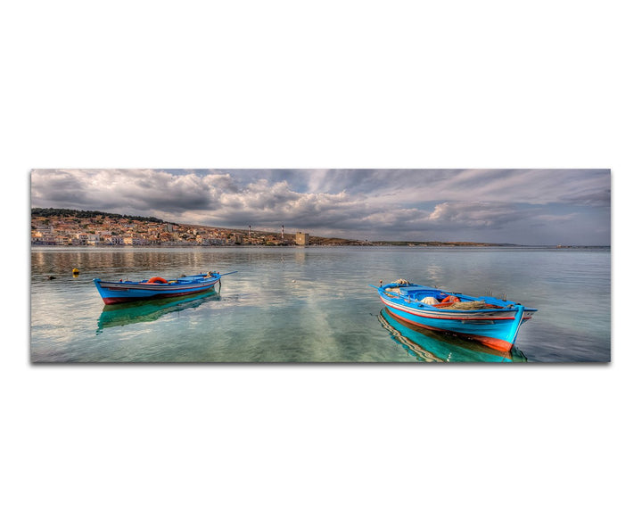 Paul Sinus Art Panoramabild auf Leinwand und Keilrahmen 150x50cm Meer Wasser Boote Städtchen Wolkenh