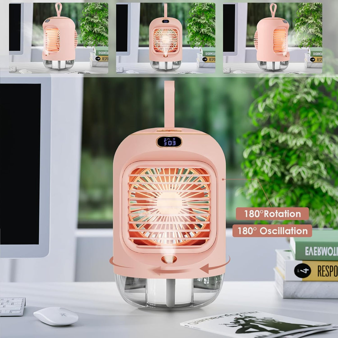 Drehbar Mobile Klimageräte, Mini Multifunktional USB Air Cooler mit 3 Geschwindigkeiten, Nachtlicht,