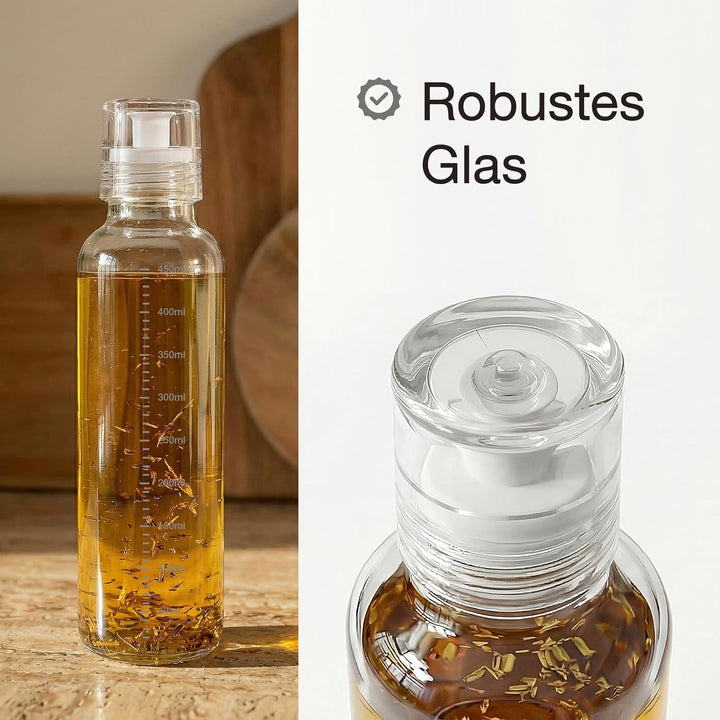 Dressingshaker aus Glas mit Skalierung 450ml | Dressing Behälter mit tropffreien Ausguss, spülmaschi
