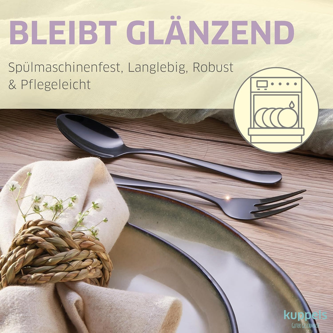 Kuppels Delia Besteck-Set 30-tlg, 6 Personen, PVD Edelstahl, Schwarz | Hochglanzpoliertes Set mit 6