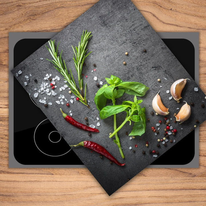 SmartDecoration Herdabdeckplatte Ceranfeldabdeckung aus Glas 45x52 cm Einteilig Motiv "Kräuter" Grau