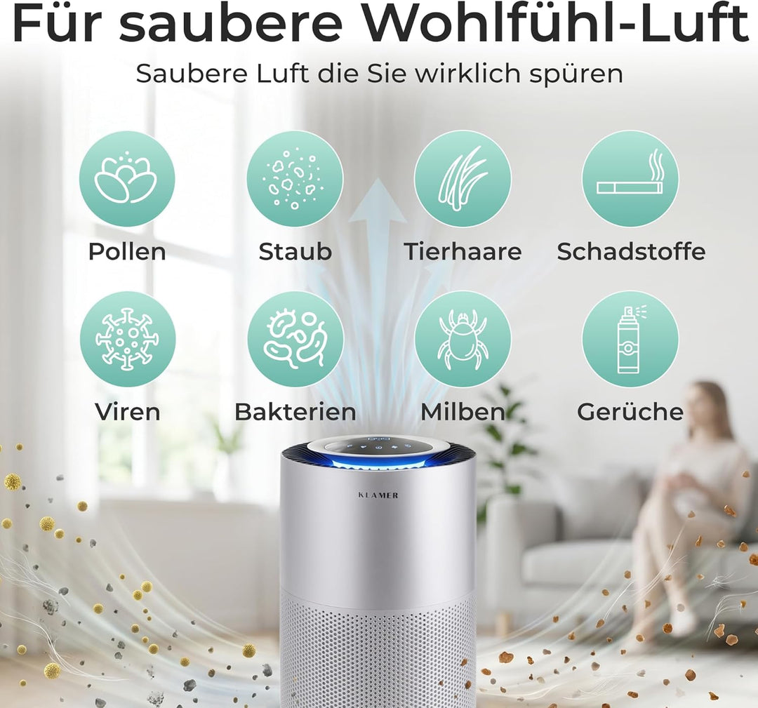 KLAMER Luftreiniger 600i mit HEPA Filter, CADR Spitzenleistung von 450 m³/h, für Räume bis 55m², ent