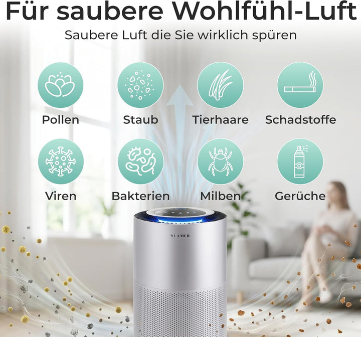 KLAMER Luftreiniger 600i mit HEPA Filter, CADR Spitzenleistung von 450 m³/h, für Räume bis 55m², ent