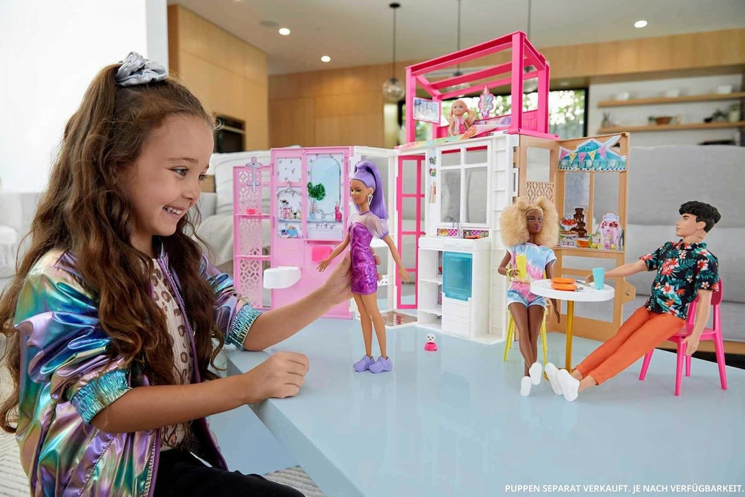 Barbie-Haus mit 4 Spielbereichen, Küche, Bad, Schlafzimmer, Esszimmer, komplett eingerichtet mit Bar