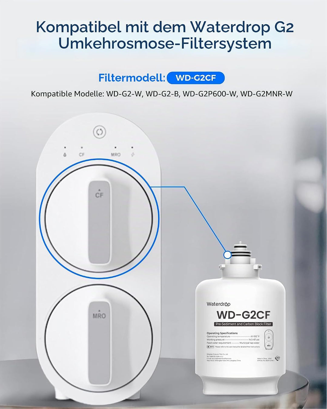 Waterdrop G2CF Ersatzfilter für G2 und G2P600 RO-System | 12 Monate Lebensdauer, Untertisch-Wasserfi