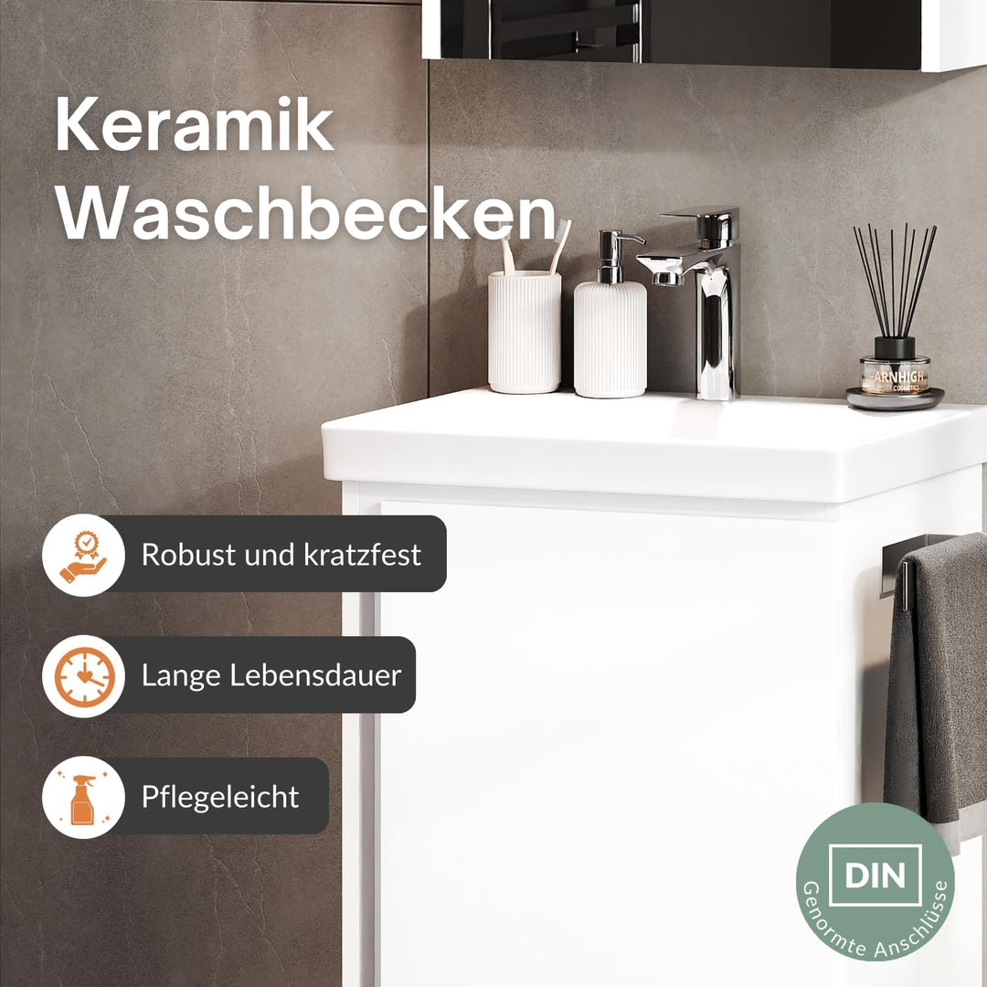 Planetmöbel Waschtisch mit Unterschrank 50 cm inkl. Spiegelschrank 50cm, Badmöbel Set mit Waschbecke