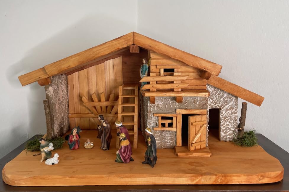 Handgefertigte Weihnachtskrippe aus Holz mit handbemalten Figuren I Tisch Krippe I Weihnachten I Grö