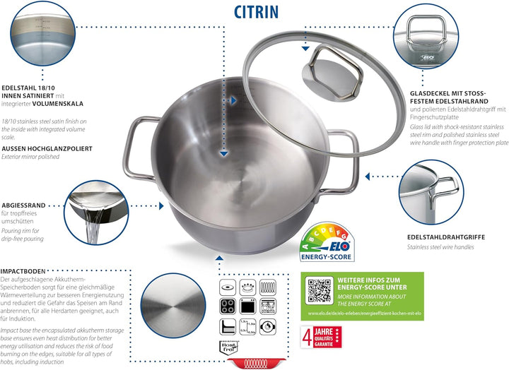 ELO Fleischtopf 14cm Citrin, Energiesparender Kapselboden, Volumenskala, induktionsgeeignet, Edelsta