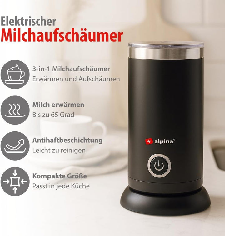 alpina Elektrischer Milchaufschäumer - 230V/450W - 3-in-1 Milchschäumer - Aufschäumer 300 ML - Kalte