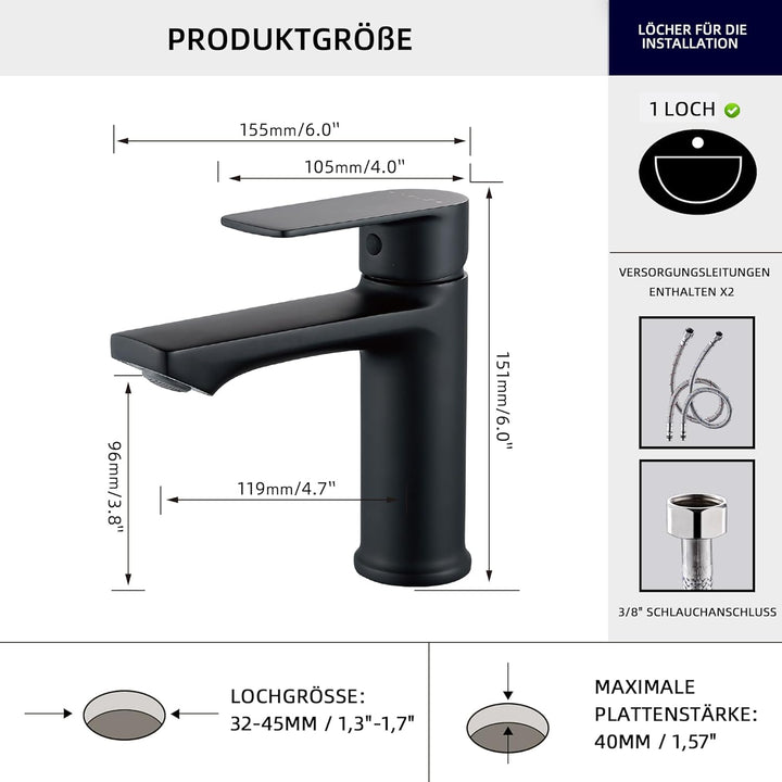BELZ Wasserhahn Bad, Einhebel-badarmatur, Armatur Badezimmer, Mischbatterie Bad, Höhe 96 mm, Energie