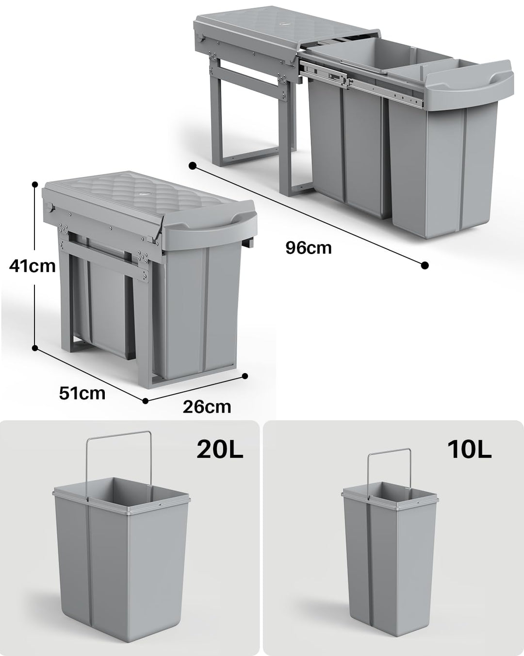 Lovewind Abfallsammler Tandem, 10L+20L, Mit seitlichem Hängekorb, Abfalleimer für Schränke ab 300 mm