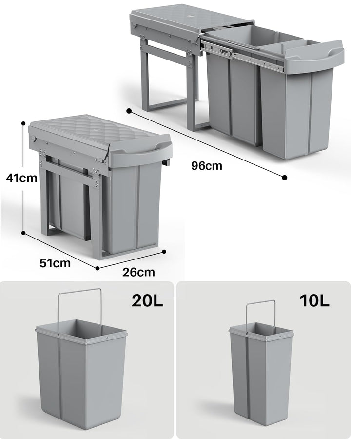 Lovewind Abfallsammler Tandem, 10L+20L, Mit seitlichem Hängekorb, Abfalleimer für Schränke ab 300 mm