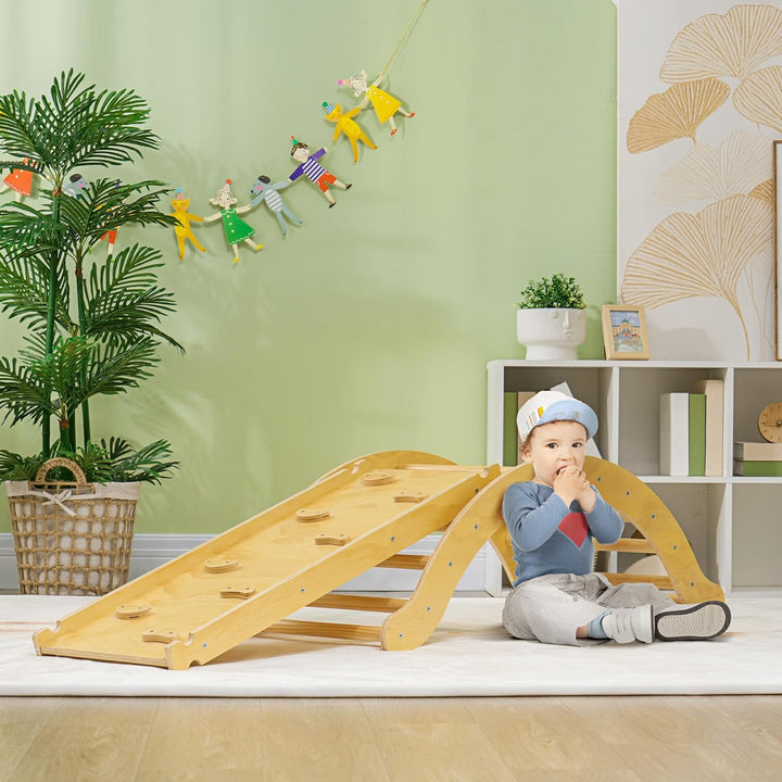 AIYAPLAY 4-in-1 Montessori Klettergerüst Indoor Holz Kletterdreieck mit Kletterbogen, Rutsche & Matt